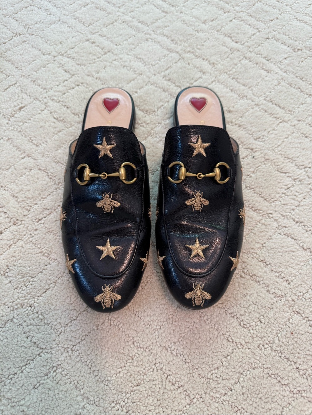 Gucci Black Leather Embroidered Horsebit Mules with Gold Accents